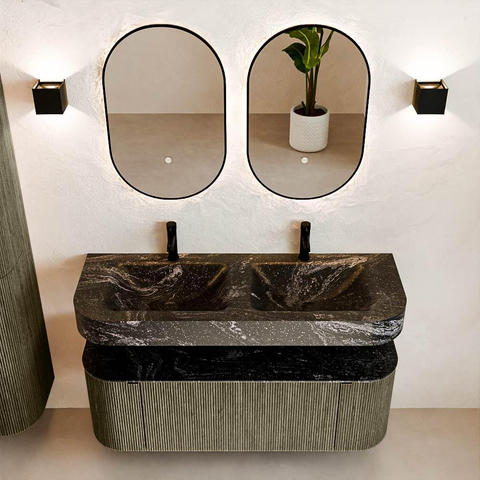 MONDIAZ THOR-DLUX 130cm meuble de salle de bains arrondi gauche + droite couleur Shadow avec 1 tiroir et 2 portes. Vasque suspendue CLOUD Double 2 trous de robinet couleur Lava. SW1463761