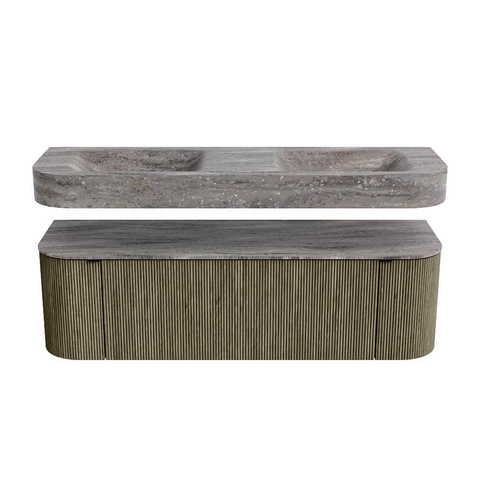 MONDIAZ THOR-DLUX 150cm badmeubel ronding links + rechts kleur Shadow met 1 lade en 2 deuren. Vrijhangende wastafel CLOUD Dubbel 2 kraangaten kleur Oza. SW1464671