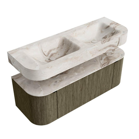 MONDIAZ THOR-DLUX 130cm meuble de salle de bains arrondi gauche + droite couleur Shadow avec 1 tiroir et 2 portes. Vasque suspendue CLOUD Double sans trou de robinet couleur Frappe. SW1463708