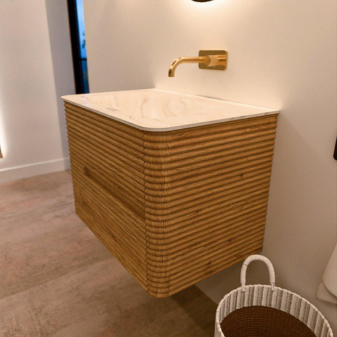 Mondiaz CIRO-DLUX Badkamermeubelset - 70x45x50cm - Solid surface wastafel Ostra - 1 wasbak Midden - zonder kraangaten - 2 lades - Oak SW1531050