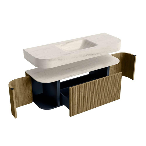 MONDIAZ THOR-DLUX Meuble de salle de bains - 130cm - arrondi gauche + droite - couleur Dusk - 1 tiroir - 2 portes - Vasque suspendue CLOUD Milieu sans trou de robinet - couleur Meli SW1463816
