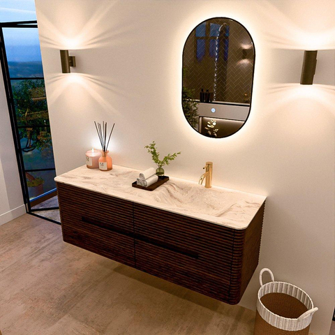 Mondiaz CIRO-DLUX Badkamermeubelset - 140x45x50cm - Solid surface wastafel Frappe - 1 wasbak Rechts - 1 kraangat - 4 lades - Walnut SW1530307