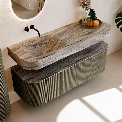 MONDIAZ THOR-DLUX Meuble de salle de bains 140cm arrondi gauche + droite couleur Shadow avec 1 tiroir et 2 portes. Vasque suspendue CLOUD Gauche sans trou de robinet couleur Oza. SW1464296