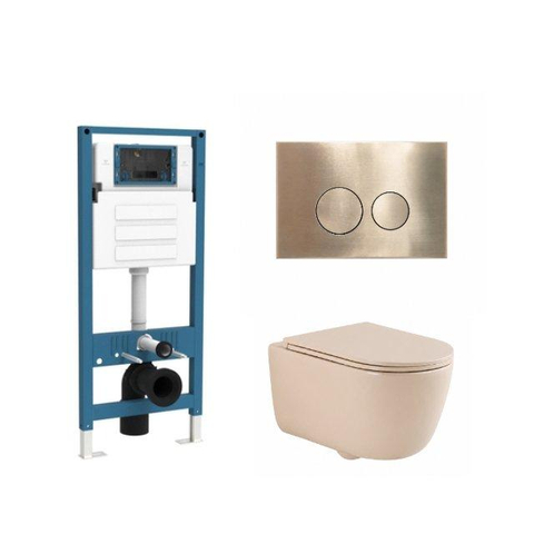 QeramiQ Dely Swirl Ensemble de toilettes - réservoir encastré QeramiQ Flush - abattant fin - plaque de commande en métal laiton brossé - boutons ronds - beige SW1578372