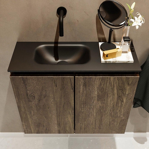 MONDIAZ TURE Toiletmeubel 60x23x50cm met 0 kraangaten 2 deuren dark brown mat Wastafel Eden links Solid Surface Zwart SW475531