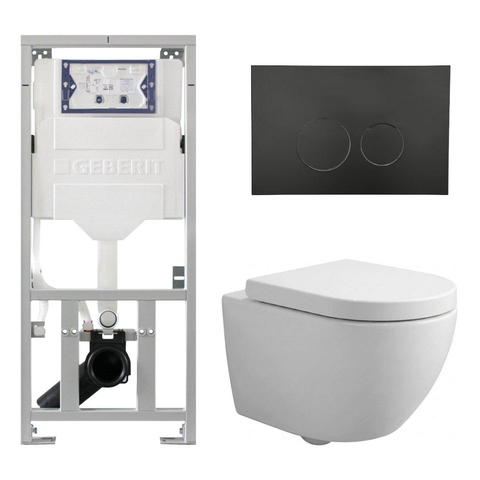 QeramiQ Dely Swirl Compact Toiletset - inbouwreservoir Geberit UP320 - met Burda frame - 25mm zitting - kunststof bedieningsplaat mat zwart - ronde knoppen - mat wit SW1595679