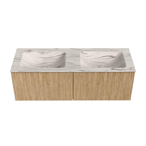 MONDIAZ KURVE-DLUX 130cm badmeubel kleur Oak met 2 lades en 0 deuren. Wastafel LEAF Dubbel zonder kraangat Nata. SW1432130