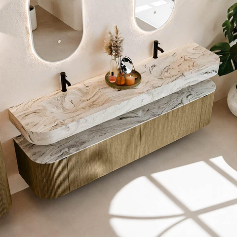MONDIAZ THOR-DLUX 200cm meuble de salle de bains arrondi gauche + droite couleur Dusk avec 2 tiroirs et 2 portes. Vasque suspendue CLOUD Double 2 trous de robinet couleur Glace. SW1466839
