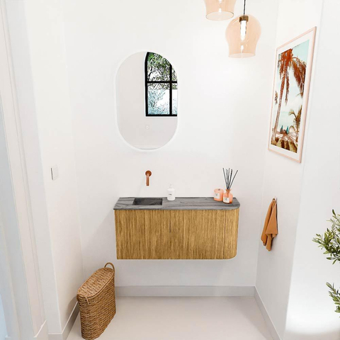 Mondiaz JOYA-DLUX 91.6cm toiletmeubel - ronding rechts kleur Oak - Wastafel FAYE positie Links Zonder kraangat kleur Sombra. SW1424294