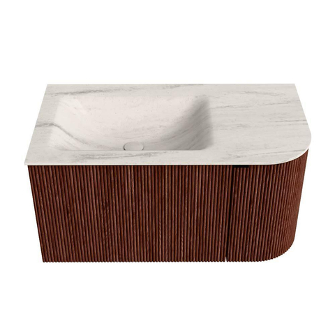 MONDIAZ KURVE-DLUX Meuble de salle de bains 85cm arrondi à droite couleur Ruby avec 1 tiroir et 1 porte. Lavabo CLOUD gauche 1 trou de robinet Meli. SW1431978