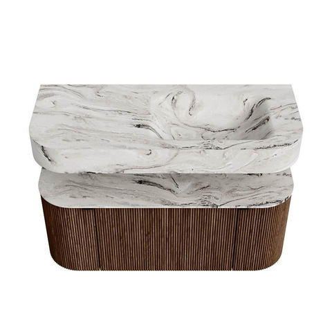 MONDIAZ THOR-DLUX 110cm badmeubel ronding links + rechts kleur Walnut met 1 lade en 2 deuren. Vrijhangende wastafel CLOUD Rechts zonder kraangat kleur Glace. SW1462798