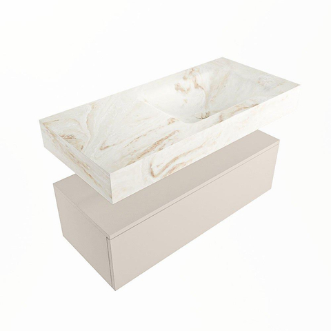 Mondiaz ALAN-DLUX Ensemble de meuble - 100cm - meuble Linen mat - 1 tiroir - Lavabo Cloud Frappe suspendu - vasque Droite - 0 trous de robinet SW805353