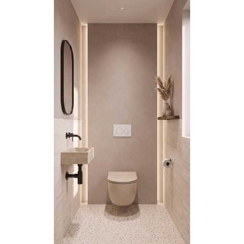 QeramiQ Dely Swirl Toiletset - inbouwreservoir Qeramiq Flush - 35mm zitting - natuursteen wit marmeren bedieningsplaat - ronde knoppen - beige SW1578357