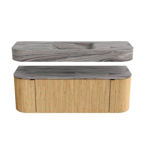 MONDIAZ THOR-DLUX 130cm badmeubel ronding links + rechts kleur Oak met 1 lade en 2 deuren. Vrijhangende wastafel CLOUD Midden 1 kraangat kleur Sombra. SW1464034