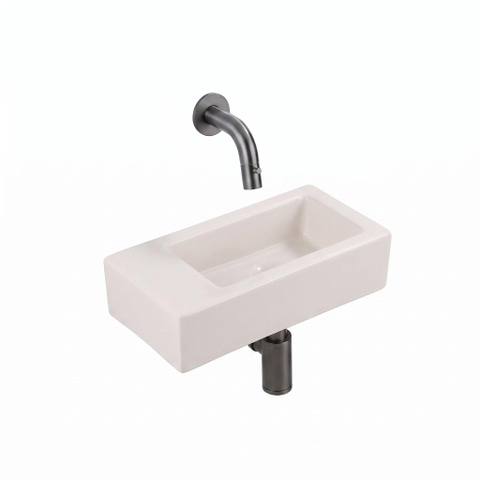 QeramiQ Fuente Fontein - 38x18.5x9cm - keramiek - zonder fonteinkraangat - fonteinkraan geborsteld gunmetal - verlaagd sifon - afvoerplug - linnen SW1582117