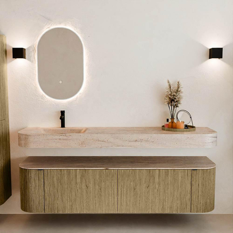 MONDIAZ THOR-DLUX Meuble de salle de bains 180cm arrondi gauche + droite couleur Dusk avec 2 tiroirs et 2 portes. Vasque suspendue CLOUD Gauche 1 trou de robinet couleur Saba. SW1466254