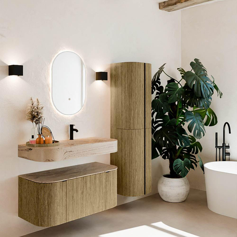 MONDIAZ THOR-DLUX 100cm meuble de salle de bains arrondi gauche + droite couleur Dusk avec 1 tiroir et 2 portes. Vasque suspendue CLOUD Droite 1 trou de robinet couleur Arena. SW1467457