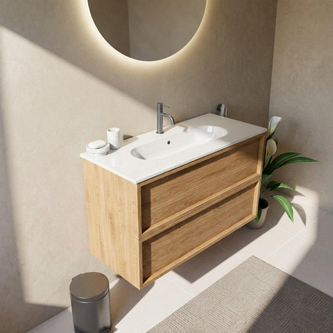 Saniclass Holz Frame Ensemble meuble de salle de bains - 100x45x73.9cm - lavabo en céramique Chaci blanc - 1 vasque - 1 trou de robinet - 2 tiroirs - chêne natural mat (bois) SW1580022