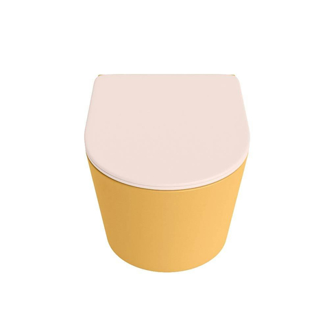 Mondiaz LAVIE hangtoilet – spoelrandloos – 36 x 53 cm – met softclose zitting – Ocher (geel), zitting Rosee (roze) SW1208689