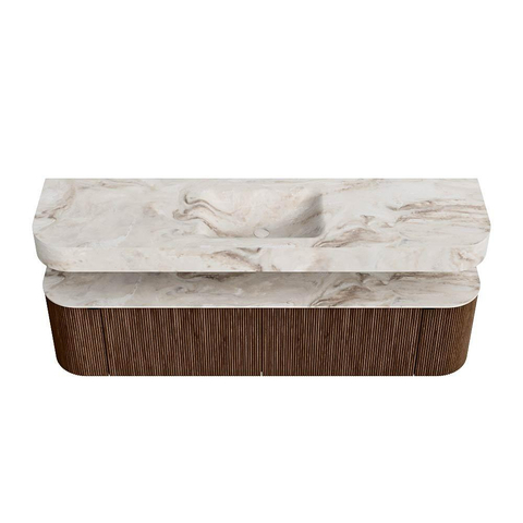 MONDIAZ THOR-DLUX 180cm badmeubel ronding links + rechts kleur Walnut met 2 lades en 2 deuren. Vrijhangende wastafel CLOUD Midden 1 kraangat kleur Frappe. SW1465939