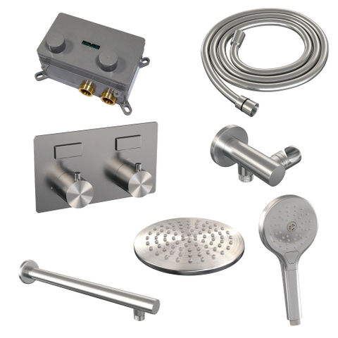 BRAUER Brushed Edition Douche de pluie thermostatique encastrée - boutons-poussoirs - SET 55 - pomme de douche 20 cm - bras mural droit - douchette 3 jets - flexible de douche - coude de raccordement mural - inox brossé PVD SW925483