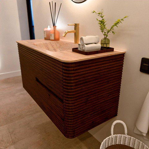 Mondiaz CIRO-DLUX Meuble de salle de bains - 100x45x50cm - Plan vasque Solid surface Saba - 1 vasque Centr&eacute;e - 1 trou de robinet - 2 tiroirs - Ruby SW1532148