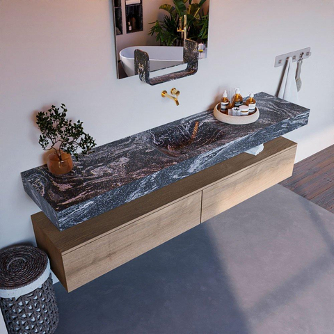 Mondiaz ALAN-DLUX Ensemble de meuble - 200cm - meuble Washed Oak mat - 2 tiroirs - Lavabo Cloud Lava suspendu - vasque Centre - 0 trous de robinet SW808769