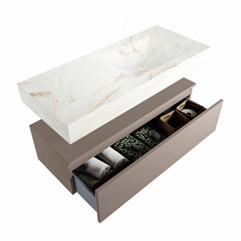 Mondiaz ALAN-DLUX Ensemble de meuble - 110cm - meuble Smoke mat - 1 tiroir - Lavabo Cloud Frappe suspendu - vasque Droite - 0 trous de robinet SW805203