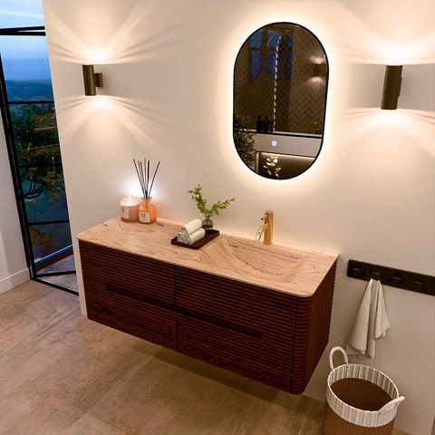 Mondiaz CIRO-DLUX Ensemble meuble de salle de bains - 130x45x50cm - Plan-vasque solid surface Arena - 1 bassin à droite - 1 trou de robinet - 4 tiroirs - Ruby SW1531698
