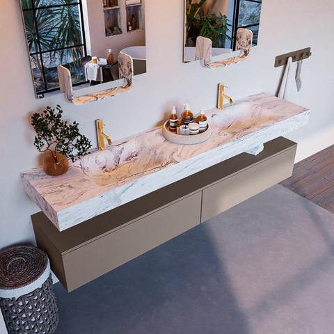Mondiaz ALAN-DLUX Ensemble de meuble - 200cm - meuble Smoke mat - 2 tiroirs - Lavabo Cloud Glace suspendu - vasque Gauche et droite - 2 trous de robinet SW805210