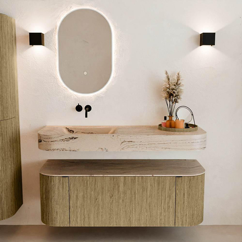 MONDIAZ THOR-DLUX 130cm meuble de salle de bains arrondi gauche + droite couleur Dusk avec 1 tiroir et 2 portes. Vasque suspendue CLOUD Gauche sans trou de robinet couleur Arena. SW1463809