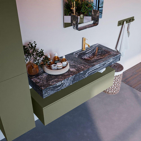 Mondiaz ALAN-DLUX Ensemble de meuble - 130cm - meuble Army mat - 1 tiroir - Lavabo Cloud Lava suspendu - vasque Droite - 1 trou de robinet SW808480