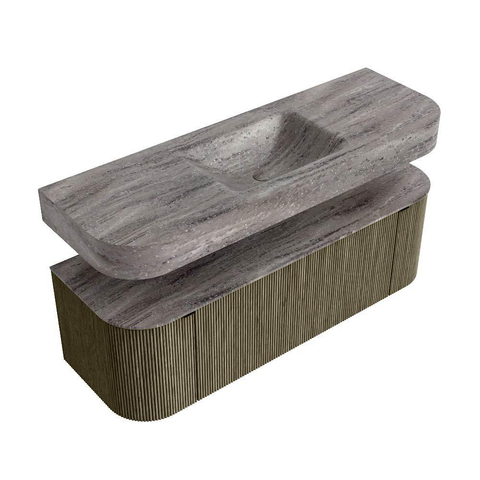 MONDIAZ THOR-DLUX 140cm meuble de salle de bains arrondi gauche + droite couleur Shadow avec 1 tiroir et 2 portes. Vasque suspendue CLOUD Milieu sans trou de robinet couleur Oza. SW1467666