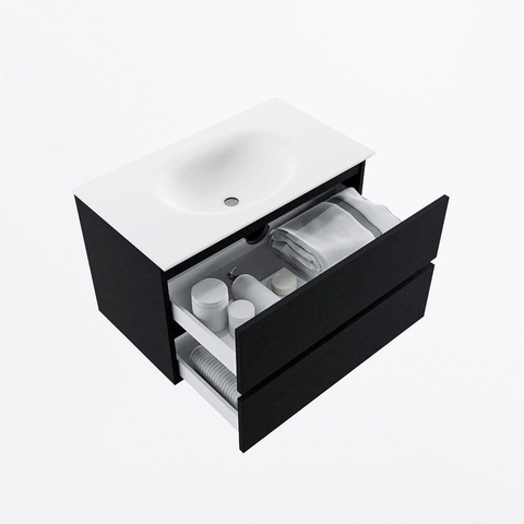 MONDIAZ VICA meuble sous lavabo 80cm Urban 2 tiroirs. Lavabo MOON central sans trou de robinet, couleur Talc. SW1381805