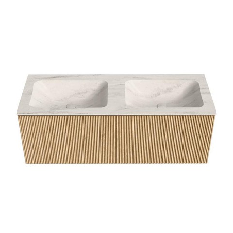 MONDIAZ KURVE-DLUX 120cm badmeubel kleur Oak met 1 lade en 0 deuren. Wastafel LEAF Dubbel zonder kraangat Meli. SW1431632