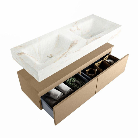 Mondiaz ALAN-DLUX Ensemble de meuble - 120cm - meuble Oro mat - 2 tiroirs - Lavabo Cloud Frappe suspendu - vasque Gauche et droite - 2 trous de robinet SW804765