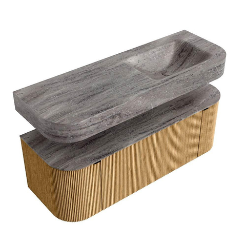 MONDIAZ THOR-DLUX 130cm meuble de salle de bains arrondi gauche + droite couleur Oak avec 1 tiroir et 2 portes. Vasque suspendue CLOUD Droite 1 trou de robinet couleur Oza. SW1464001
