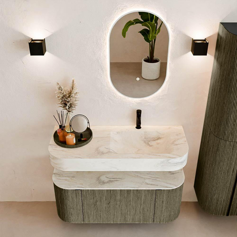 MONDIAZ THOR-DLUX 110cm meuble de salle de bains arrondi gauche + droite couleur Shadow avec 1 tiroir et 2 portes. Vasque suspendue CLOUD Droite 1 trou de robinet couleur Ostra. SW1462908