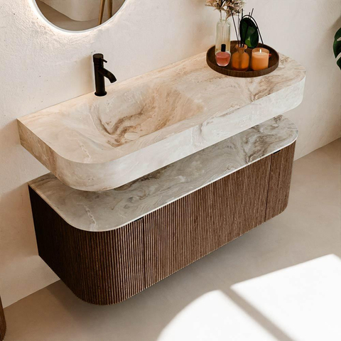 MONDIAZ THOR-DLUX 120cm meuble de salle de bains arrondi gauche + droite couleur Walnut avec 1 tiroir et 2 portes. Vasque suspendue CLOUD gauche 1 trou de robinet couleur Frappe. SW1463193