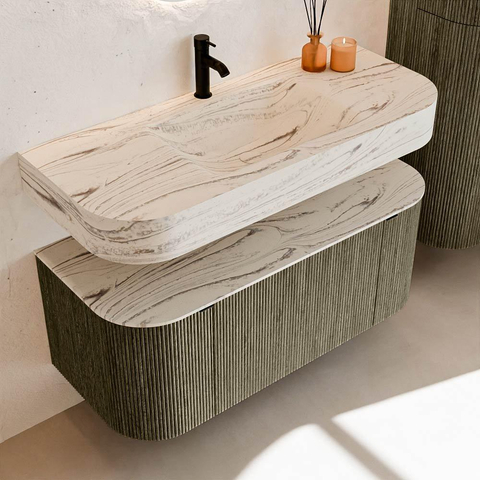 MONDIAZ THOR-DLUX 110cm badmeubel ronding links + rechts kleur Shadow met 1 lade en 2 deuren. Vrijhangende wastafel CLOUD Midden 1 kraangat kleur Nata. SW1462969