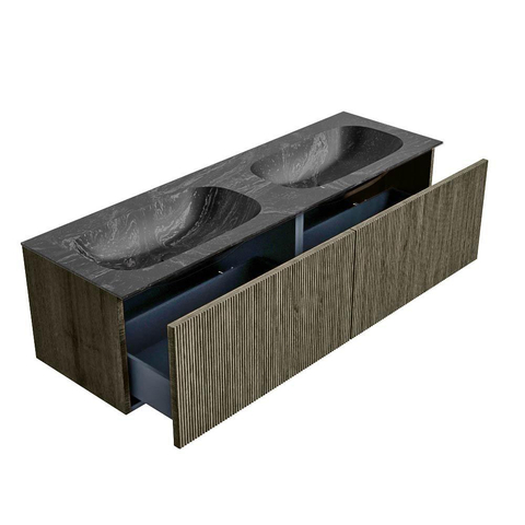 Mondiaz KURVE-DLUX Badkamermeubelset - 150x46x40cm - 2 lade - wastafel solid surface - dubbel - zonder kraangat - Shadow SW1414700