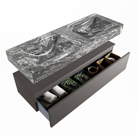 MONDIAZ ALAN - DLUX Badkamermeubelset - 130cm - onderkast - Dark grey - 1 lade - vrijhangende wastafel - 2 wasbakken - 2 kraangaten - Lava SW808364