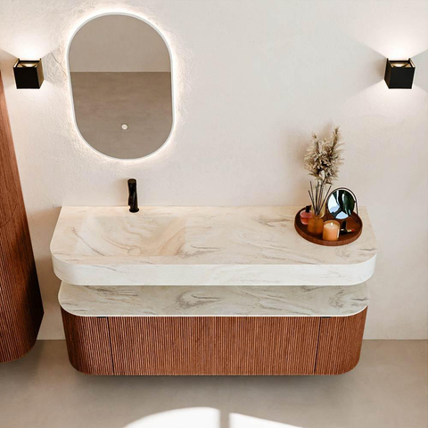 MONDIAZ THOR-DLUX 150cm meuble de salle de bains arrondi gauche + droite couleur Ruby avec 1 tiroir et 2 portes. Vasque suspendue CLOUD Gauche 1 trou de robinet couleur Ostra. SW1464504