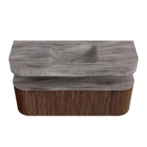 MONDIAZ THOR-DLUX 130cm badmeubel ronding links + rechts kleur Walnut met 1 lade en 2 deuren. Vrijhangende wastafel CLOUD Midden 1 kraangat kleur Oza. SW1463976