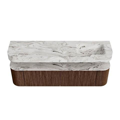 MONDIAZ THOR-DLUX 180cm meuble de salle de bains arrondi gauche + droite couleur Walnut avec 2 tiroirs et 2 portes. Vasque suspendue CLOUD Droite 1 trou de robinet couleur Glace. SW1465964