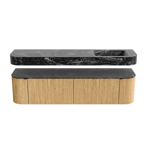 MONDIAZ THOR-DLUX 180cm badmeubel ronding links + rechts kleur Oak met 2 lades en 2 deuren. Vrijhangende wastafel CLOUD Rechts 1 kraangat kleur Lava. SW1465922