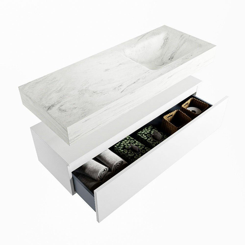 MONDIAZ ALAN - DLUX Badkamermeubelset - 120cm - onderkast - Talc - 1 lade - vrijhangende wastafel - wasbak rechts - 0 kraangaten - Opalo SW806336