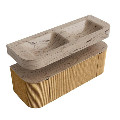 MONDIAZ THOR-DLUX 130cm meuble de salle de bains arrondi gauche + droite couleur Oak avec 1 tiroir et 2 portes. Vasque suspendue CLOUD Double sans trou de robinet couleur Arena. SW1463750