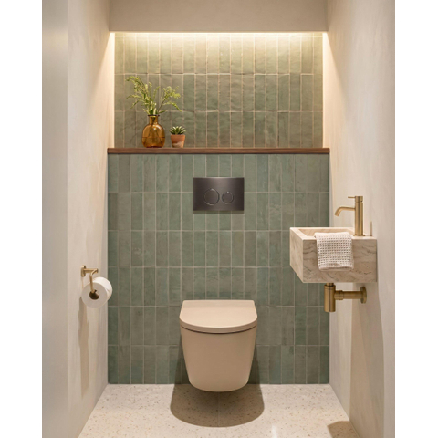 QeramiQ Dely Toiletset - 36.3x51.7cm - diepspoel - rimless - Geberit UP720 inbouwreservoir - softclose toilet zitting 35 mm - gunmetal bedieningsplaat - ronde knoppen - mat beige SW1427086