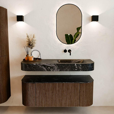 MONDIAZ THOR-DLUX 120cm meuble de salle de bains arrondi gauche + droite couleur Walnut avec 1 tiroir et 2 portes. Vasque suspendue CLOUD droite sans trou de robinet couleur Lava. SW1463218